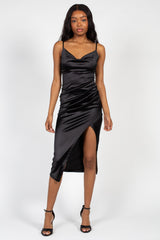 Amaya Side Slit Satin Midi Dress