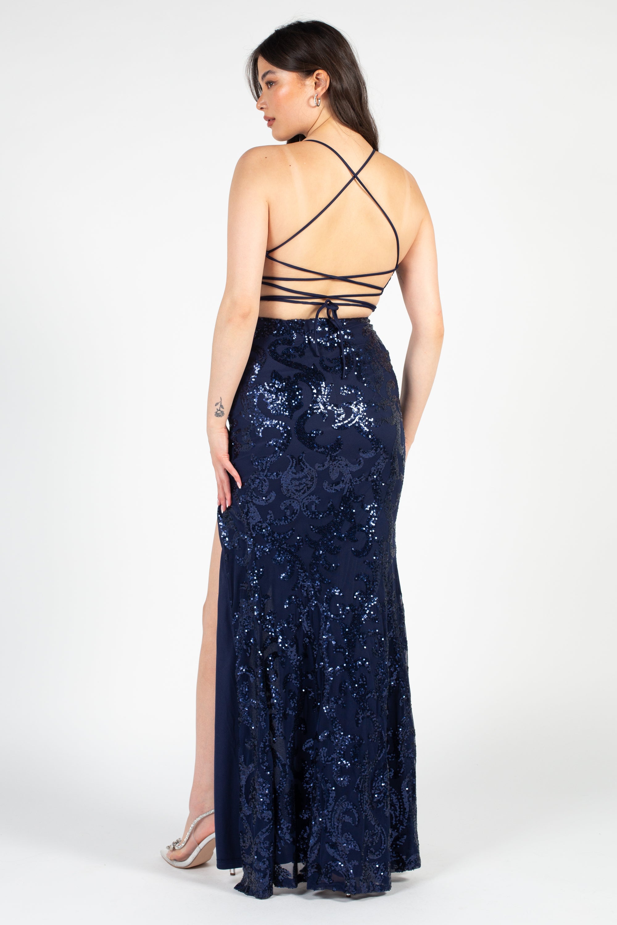 Ariel Strappy High Slit Sequin Gown