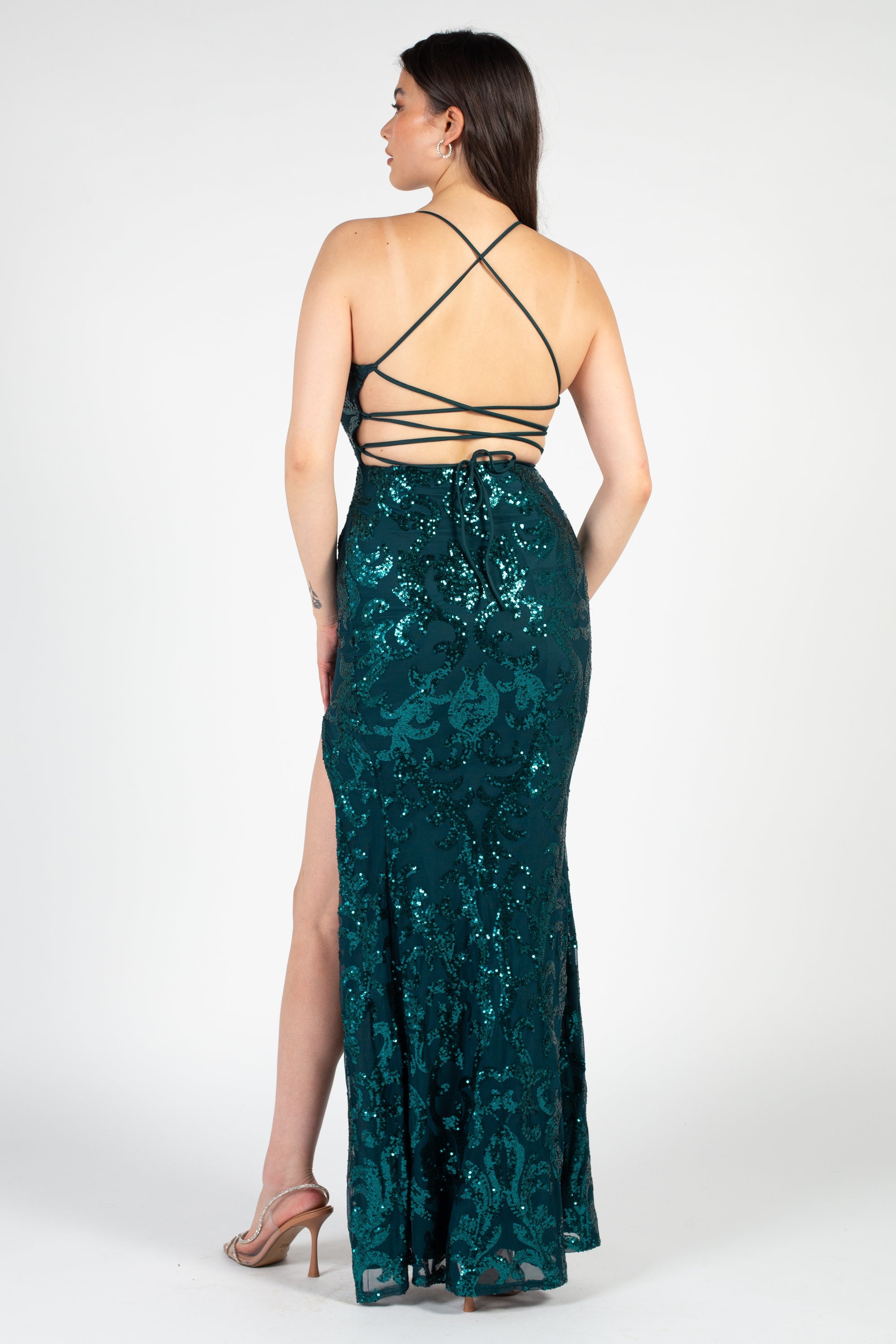 Ariel Strappy High Slit Sequin Gown